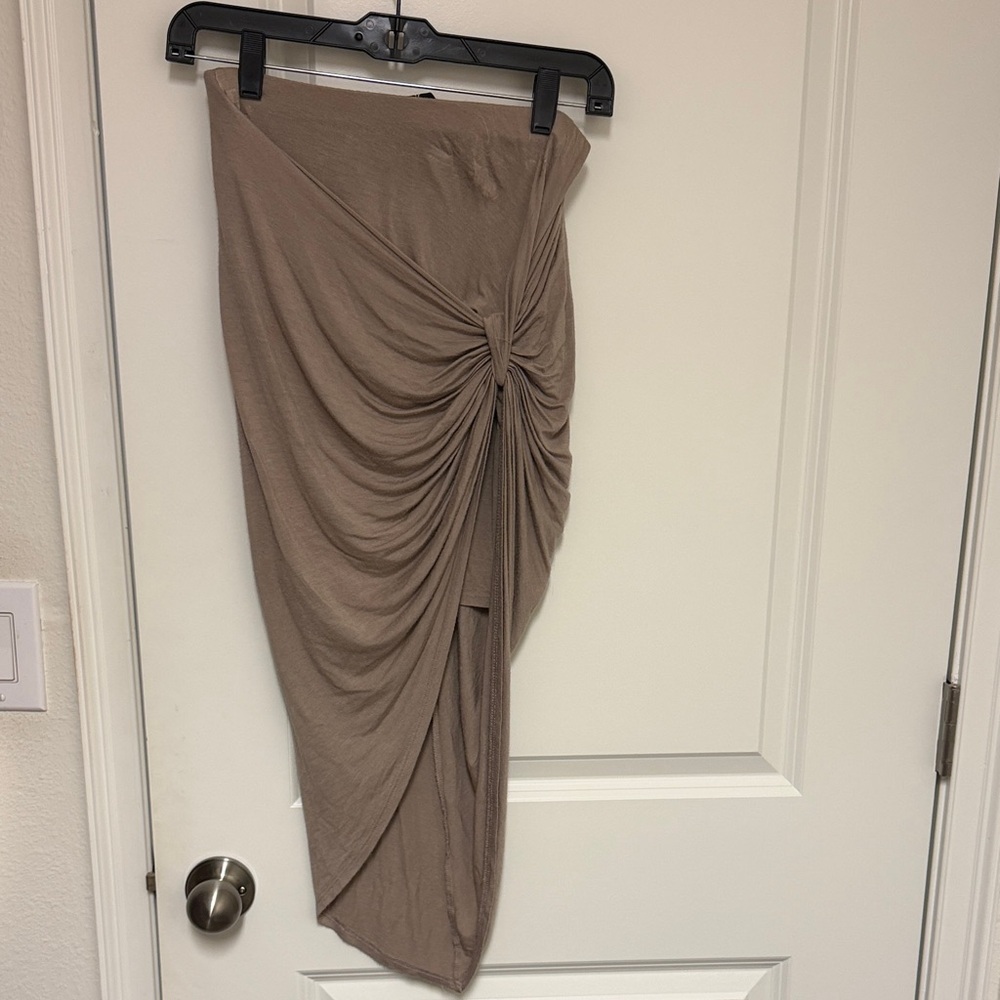 Taupe Asymmetrical Draped Knot Midi Skirt